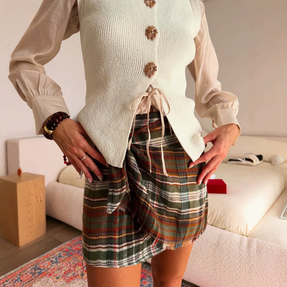 Women Checkered Wrap Mini Skirt with Fringes and High Waist Mune Fashion