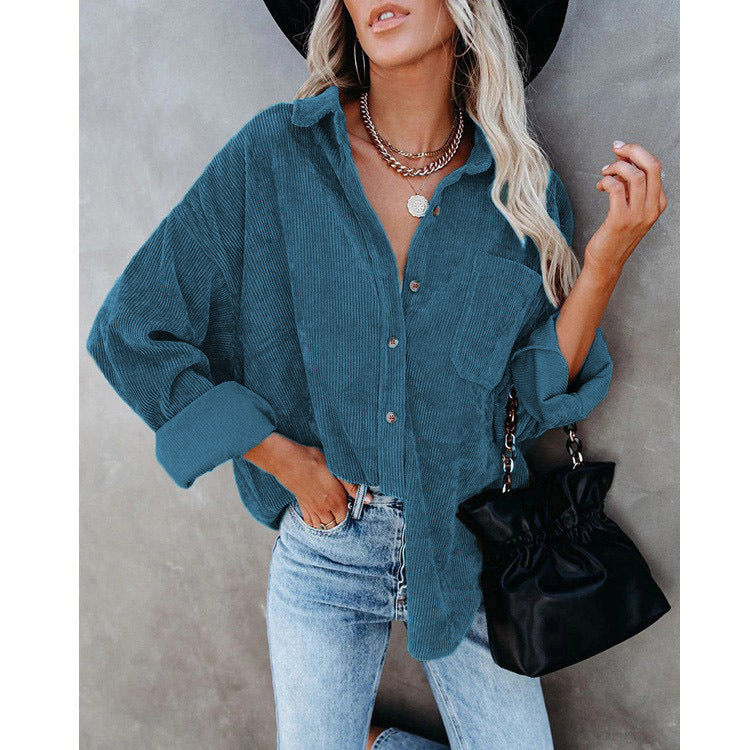 Women's Oversized Cord Shirt Jacket with Breast Pocket and Continuous Button Placket Mune Fashion