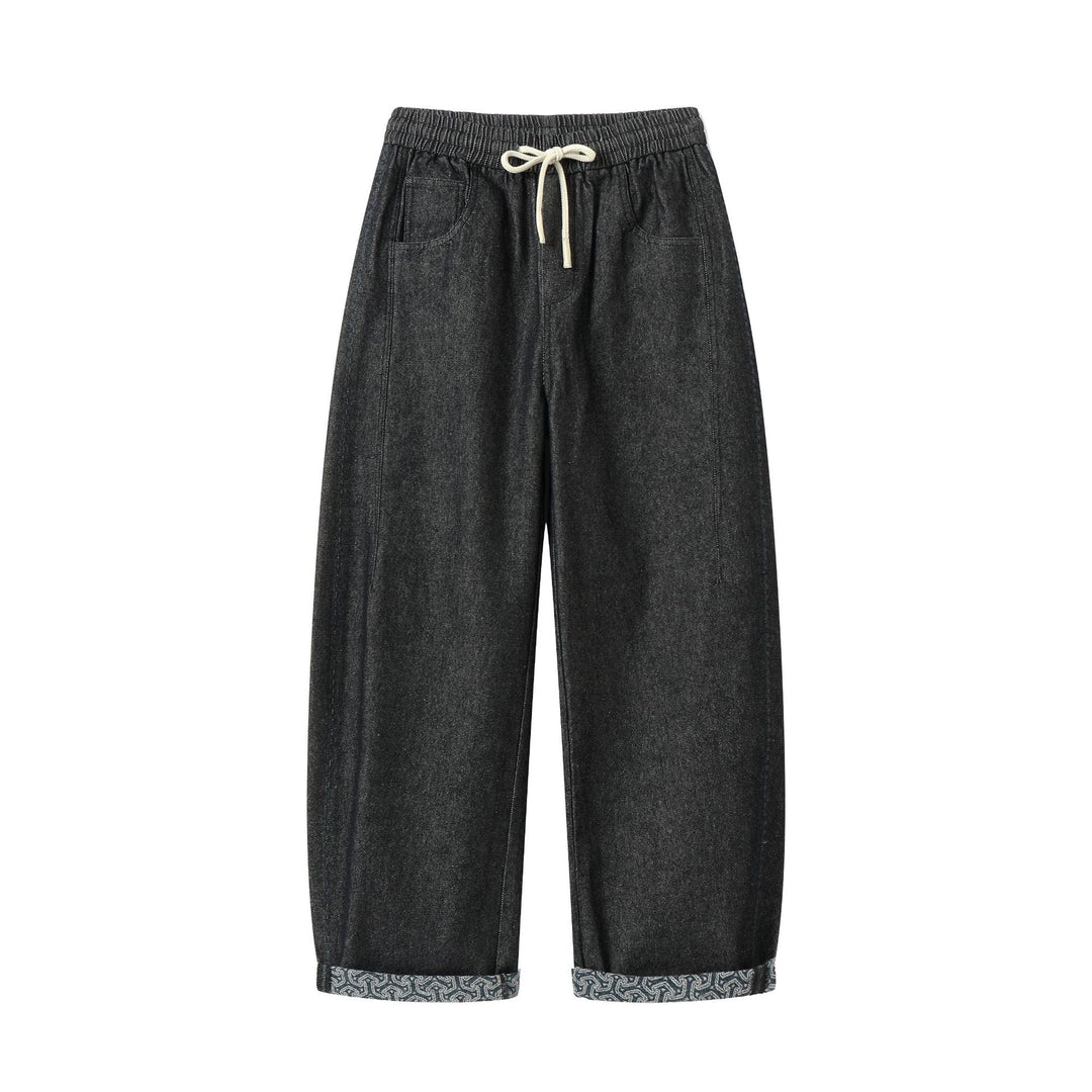 Women's culotte jeans with elastic drawstring waistband and patterned cuff