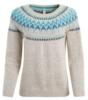 Women's gray marled round neck sweater with circular jacquard yoke and ribbed hem Mune Fashion