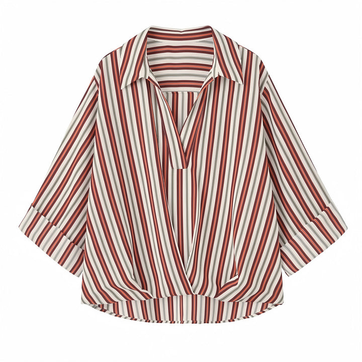 Women's loosely cut wrap blouse with shirt collar, three-quarter sleeves, and stripe pattern Mune Fashion