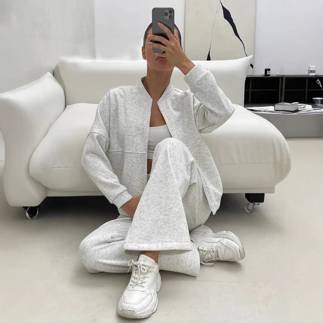 Women's Casual Zip Lounge Set with Stand Collar and Wide High Waist Jog Pants Mune Fashion