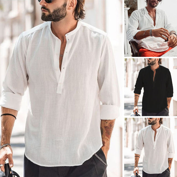 Men's casual shirt with stand-up collar, short button placket, and rounded hem Mune Fashion