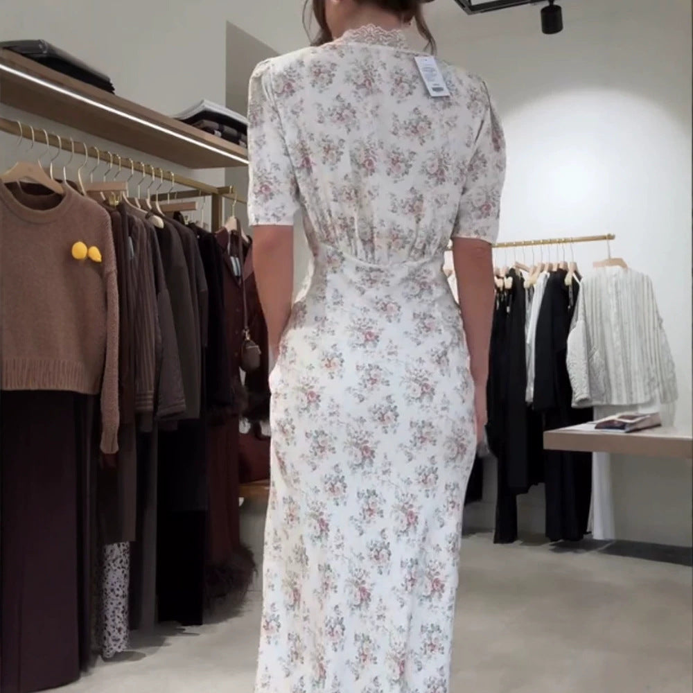 Women Romantic Maxi Dress in Flowing Satin with Lace Cut-Out & Puff Sleeves Mune Fashion