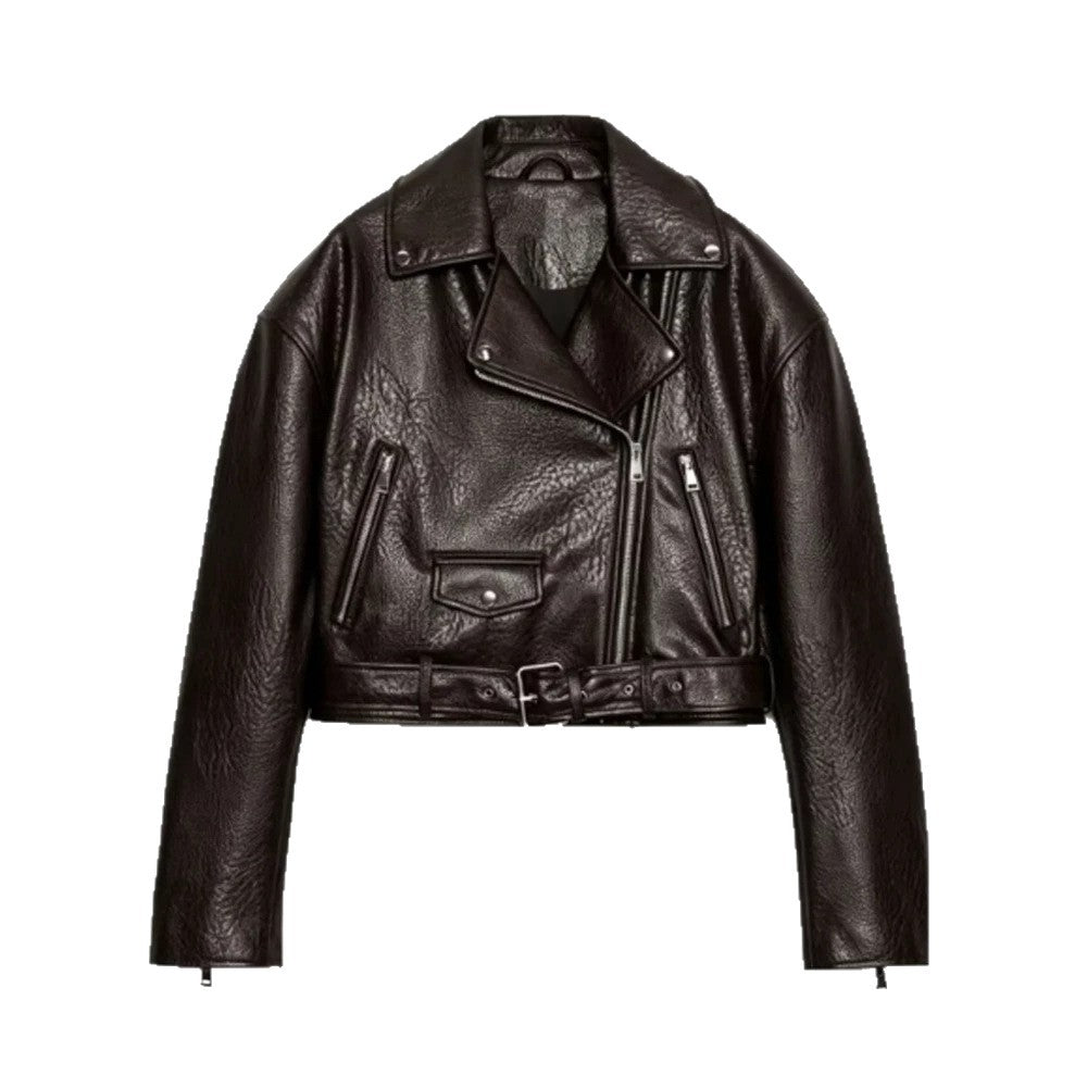 Women's short-cut biker jacket made of faux leather with a waist belt and asymmetrical zipper Mune Fashion