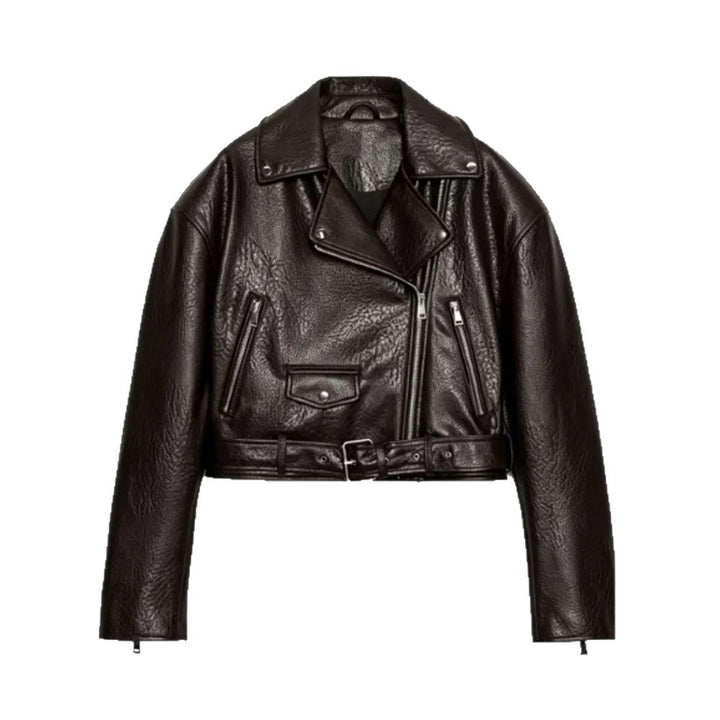 Women's short-cut biker jacket made of faux leather with a waist belt and asymmetrical zipper Mune Fashion