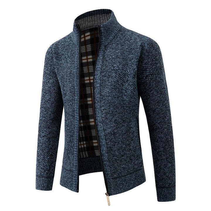 Men's Structured Zip Cardigan with Check Fleece Lining and Stand-Up Collar Mune Fashion
