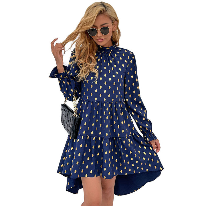 Ladies Ruffle Tiered Dress with Gathered Stand-Up Collar and Shiny Dots Mune Fashion