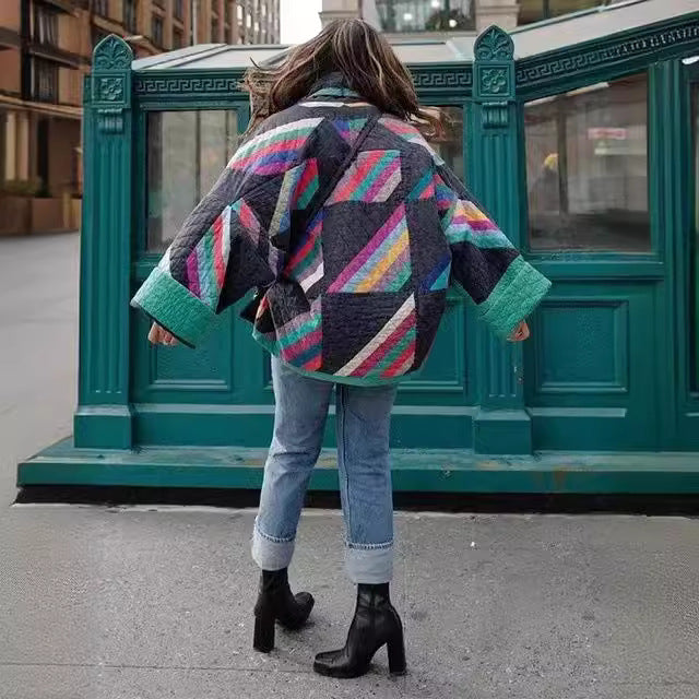 Women's padded kimono quilted jacket with patchwork design and wide sleeves Mune Fashion