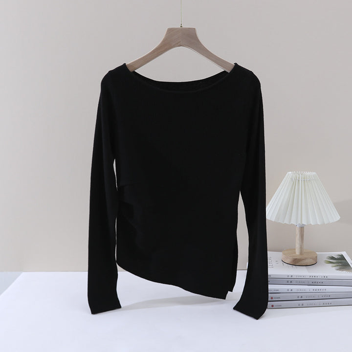 Women Fine Ribbed Knit Long Sleeve with Wide Boat Neck & Side Gathering Mune Fashion
