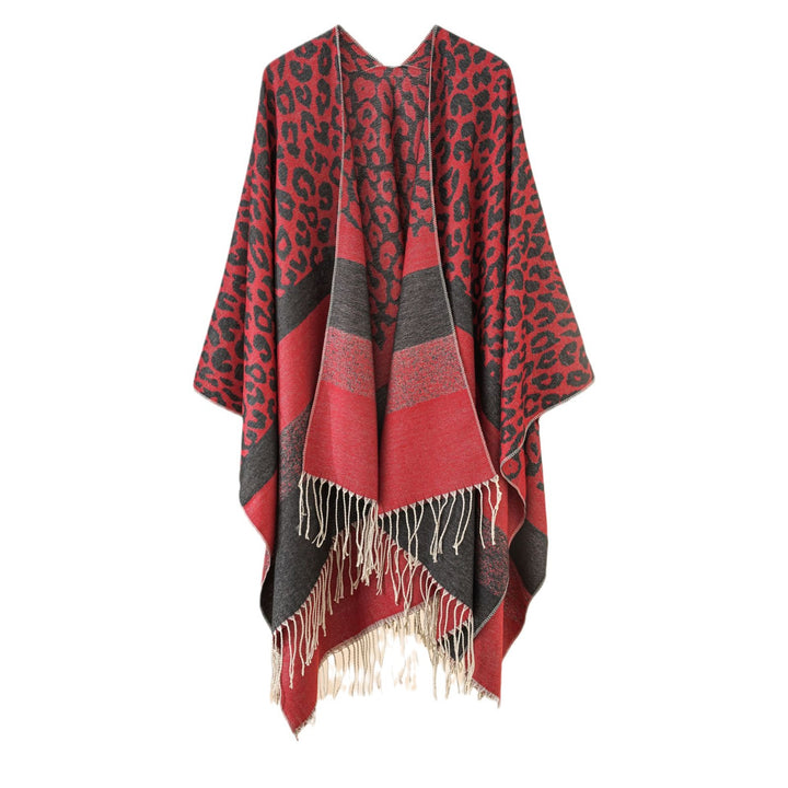 Women's Oversized Ruana with Leo Jacquard, fringes, and soft wool blend Mune Fashion