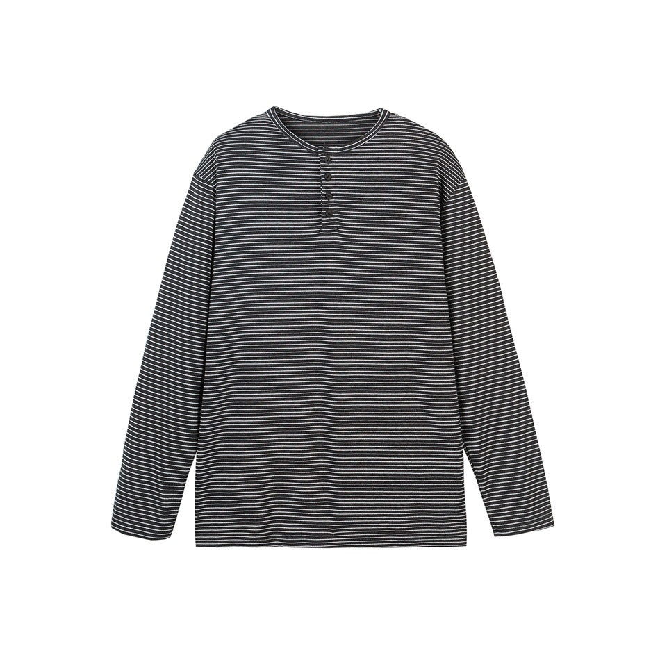 Unisex Striped Henley Long Sleeve Shirt in Oversize Relaxed Fit with Button Placket Mune Fashion