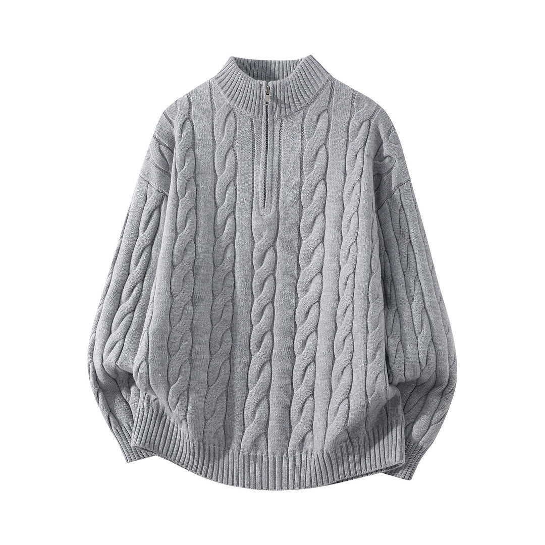 Women's Oversize Cable Knit Half Zip Sweater with Balloon Sleeves and Stand-Up Collar Mune Fashion