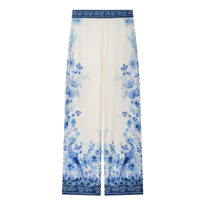 Women Wide Palazzo Pants with Elastic Waistband and Floral Trim Optics Mune Fashion