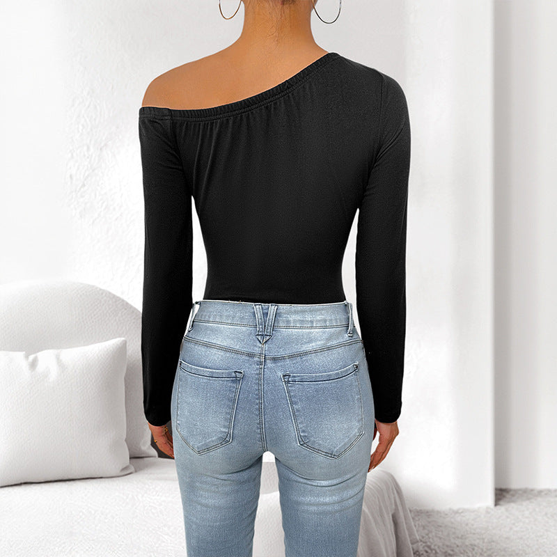 Women's figure-hugging one-shoulder bodysuit with long sleeves and 3D flowers