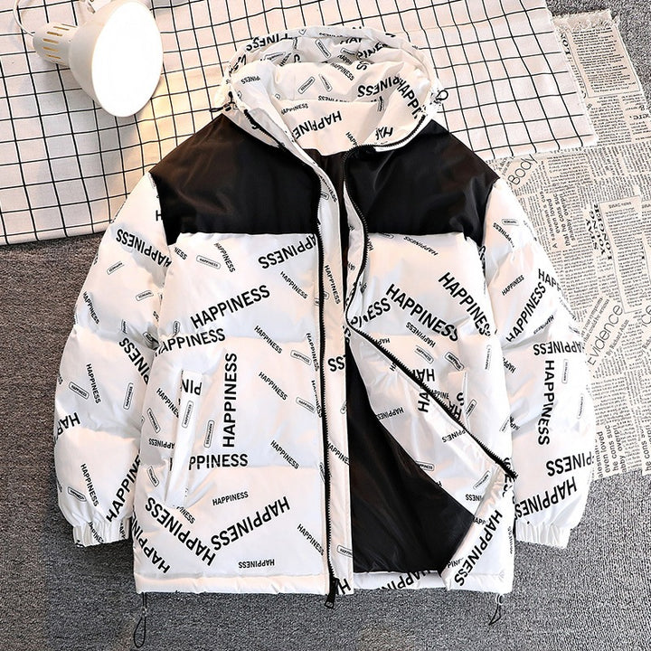Men's Printed Padded Hooded Jacket with Contrasting Shoulder Yoke and Drawstring Mune Fashion