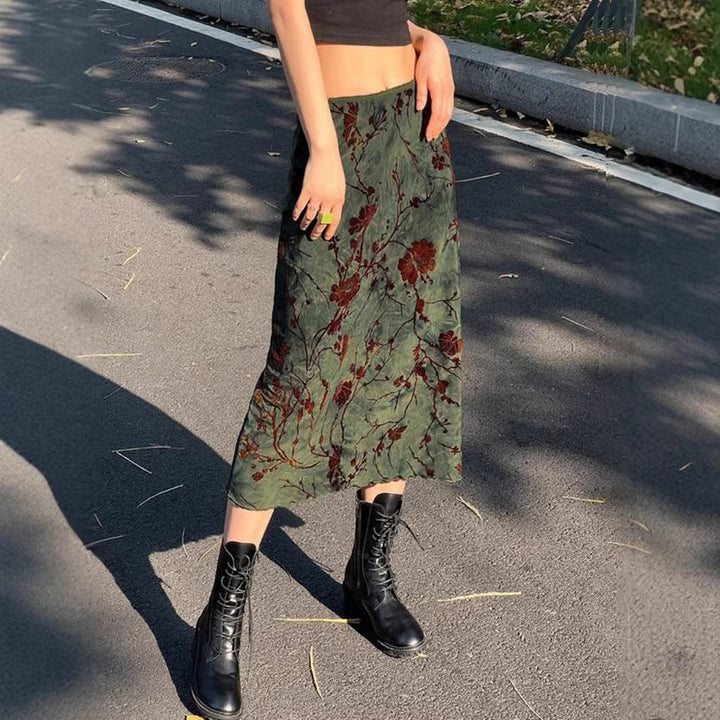 Women's satin midi skirt with floral velvet appliqué and narrow silhouette Mune Fashion