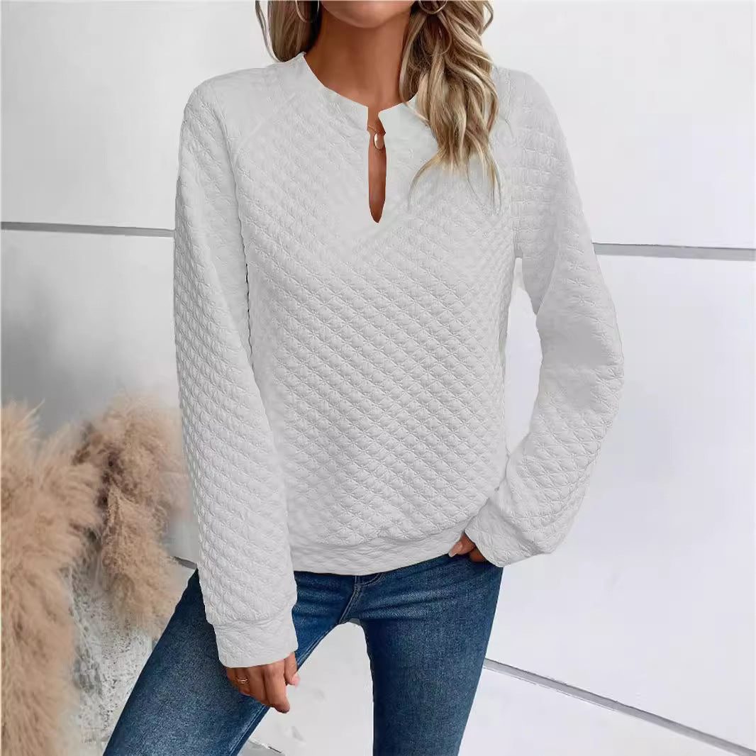 Women Quilted Cozy Sweater with Slit Collar Mune Fashion