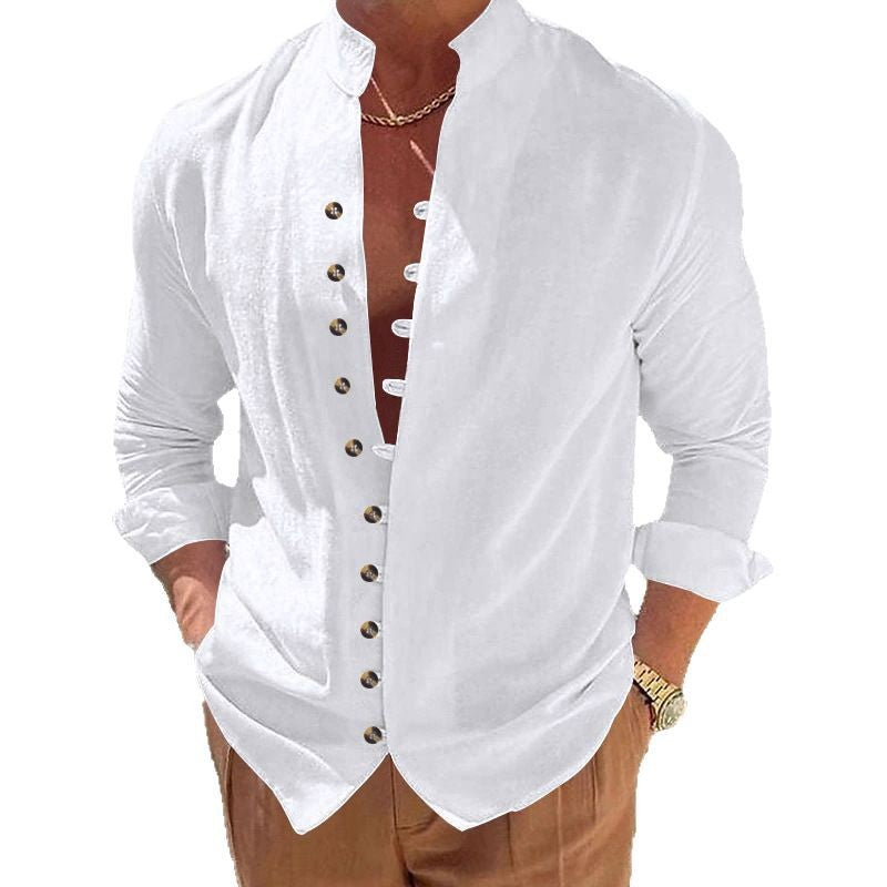 Men's long-sleeved stand-collar shirt made from a lightweight linen-viscose blend with asymmetric decorative button placket Mune Fashion