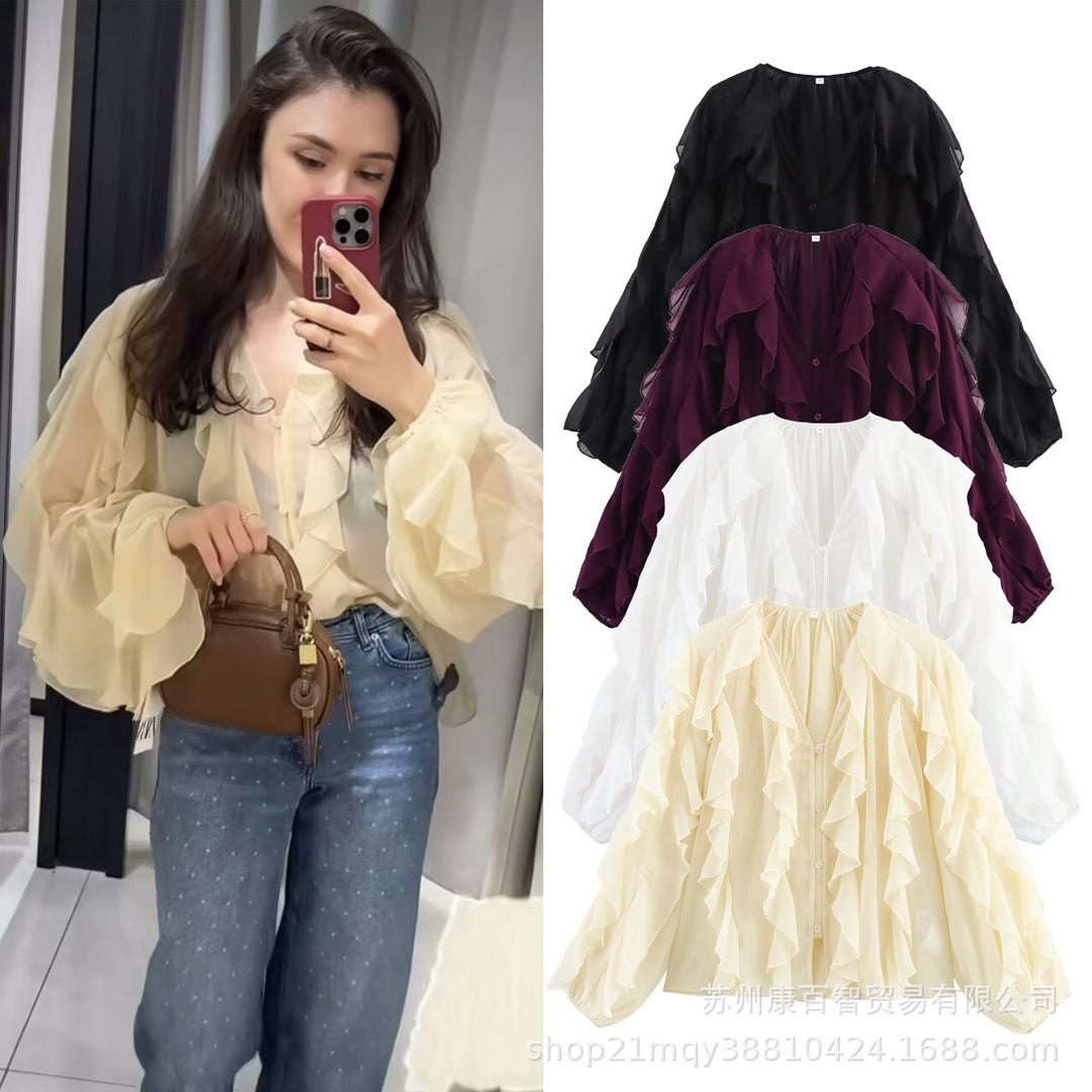 Ladies Ruffle Chiffon Blouse with V-Neck, Button Placket and Balloon Sleeves Mune Fashion