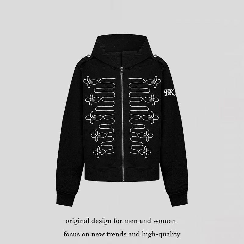 Women's hooded sweatshirt jacket with decorative frogging embroidery and pearl buttons Mune Fashion