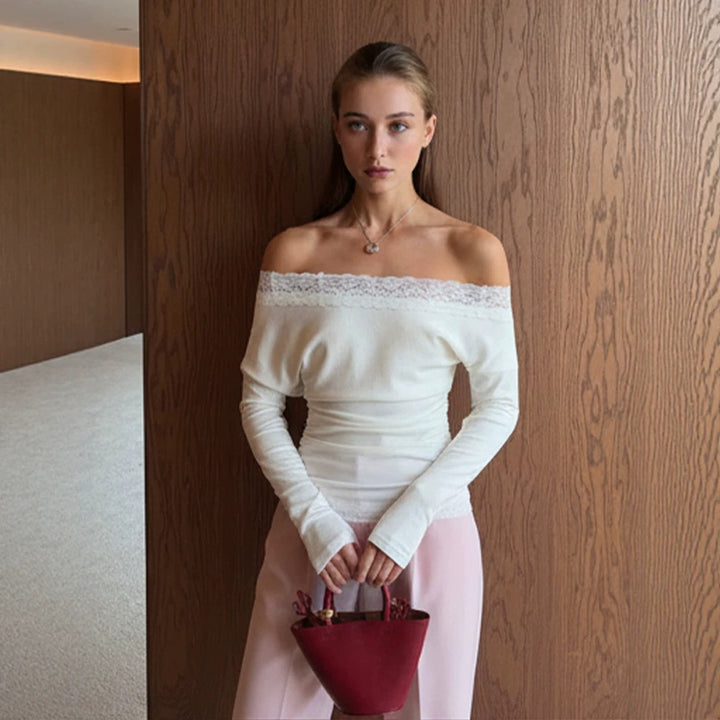 Women Slim-Fit Off-Shoulder Fine Knit Top with Lace Edge Mune Fashion