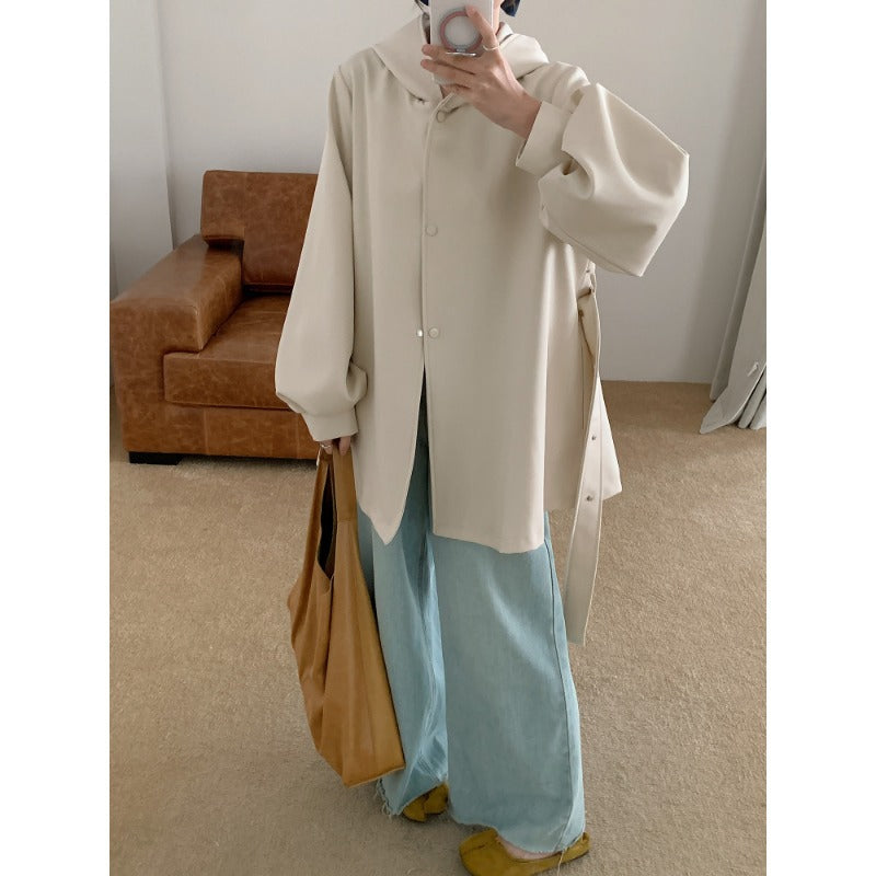 Women's Oversize Midi Coat with Hood, Concealed Button Placket and Voluminous Sleeves Mune Fashion