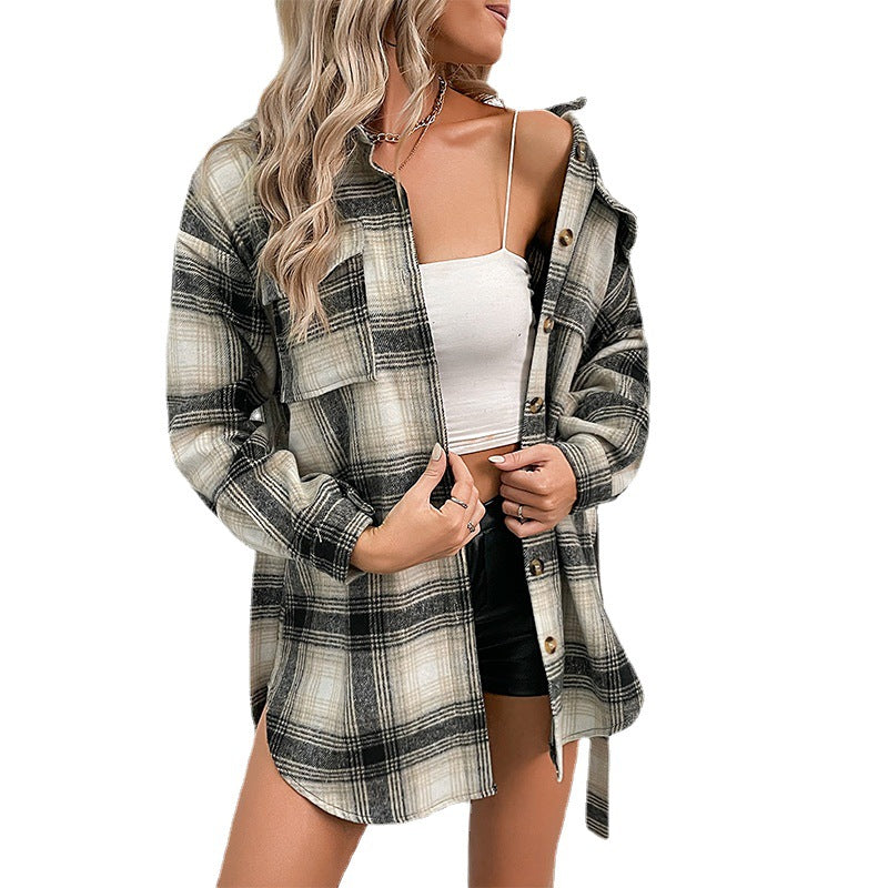 Women Checked Longline Shirt Coat with Button Placket and Waist Belt Mune Fashion