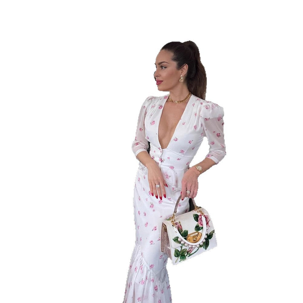 Women's Floral Satin Midi Dress with Deep V-Neck, Puff Sleeves, and Tailored Gathering Mune Fashion
