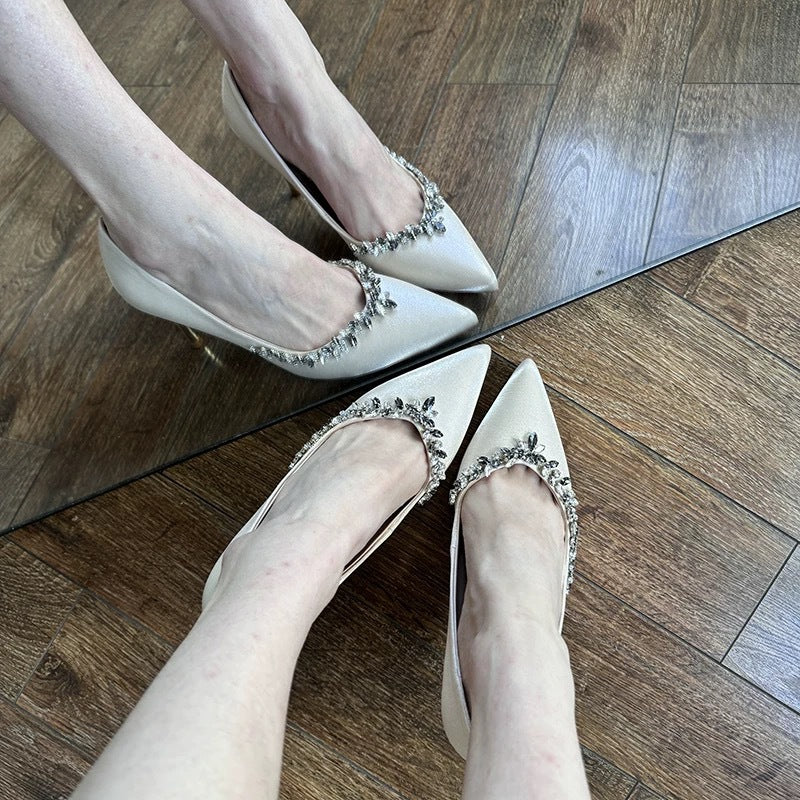 Ladies Luxury Patent Pumps with Pointed Toe and Rhinestone Accents Stiletto Heel Mune Fashion