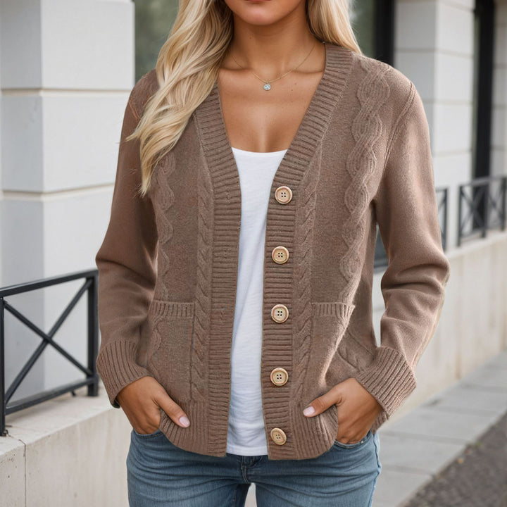 Women’s longer knitted cardigan with cable structure, V-neck and wooden button placket Mune Fashion