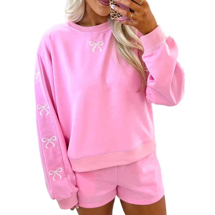 Women's cozy lounge sweat set with shorts and embroidered bows Mune Fashion