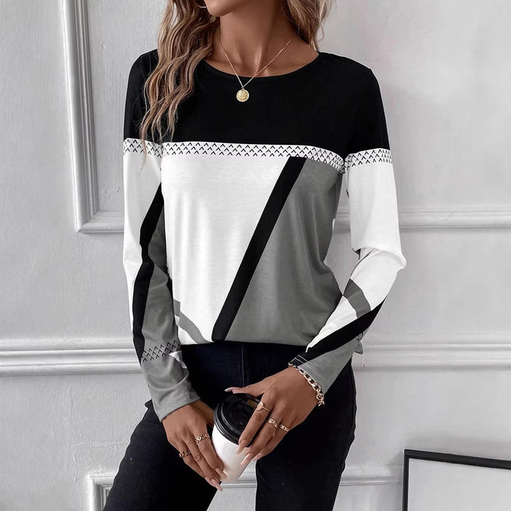 Women's Long Sleeve Shirt with Graphic Colorblock Design and Round Neck Mune Fashion