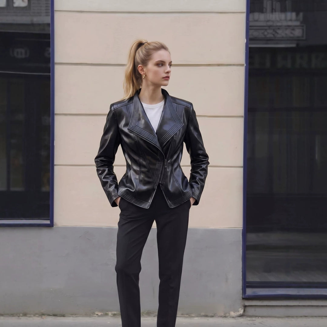 Women Fashionable Faux Leather Jacket with Asymmetrical Zipper Mune Fashion