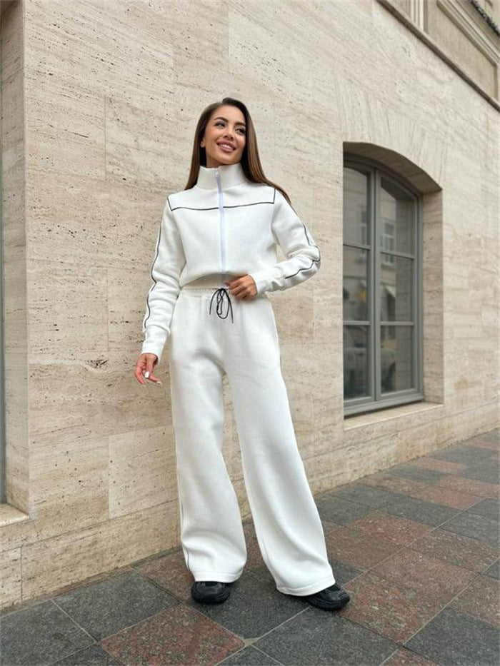 Women's Two-Piece Tracksuit Set with Stand-Up Collar, Contrast Piping and Wide Leg Mune Fashion
