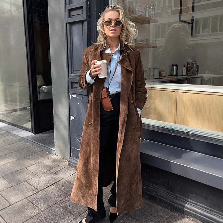 Women Maxi Long Suede Trench Coat with Tied Belt Mune Fashion