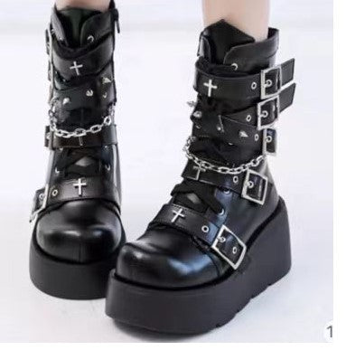 Women's Plateau Biker Ankle Boots with Wide Wedge Sole, Buckles, Chains and Cross Appliqués Mune Fashion