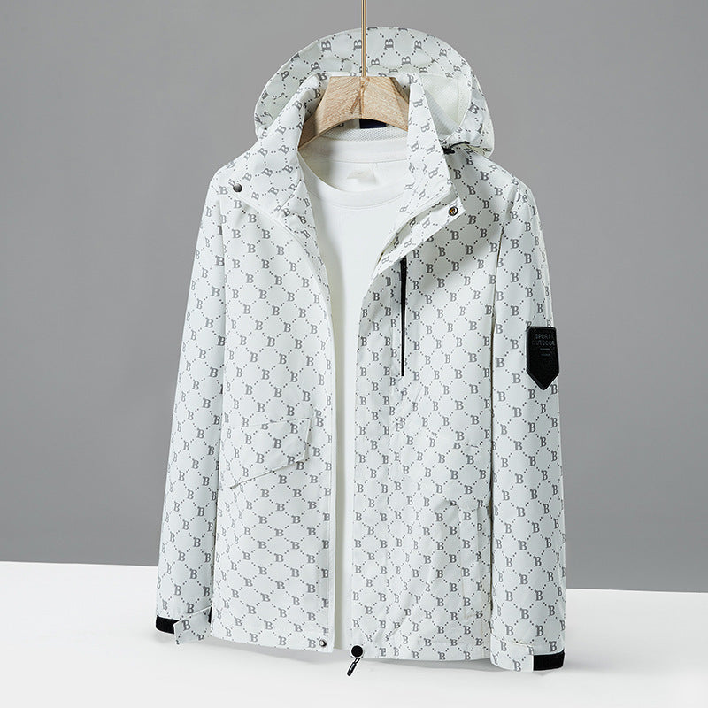 Men's lightweight water-repellent hooded jacket with all-over logo pattern, windproof shell, and practical pockets Mune Fashion