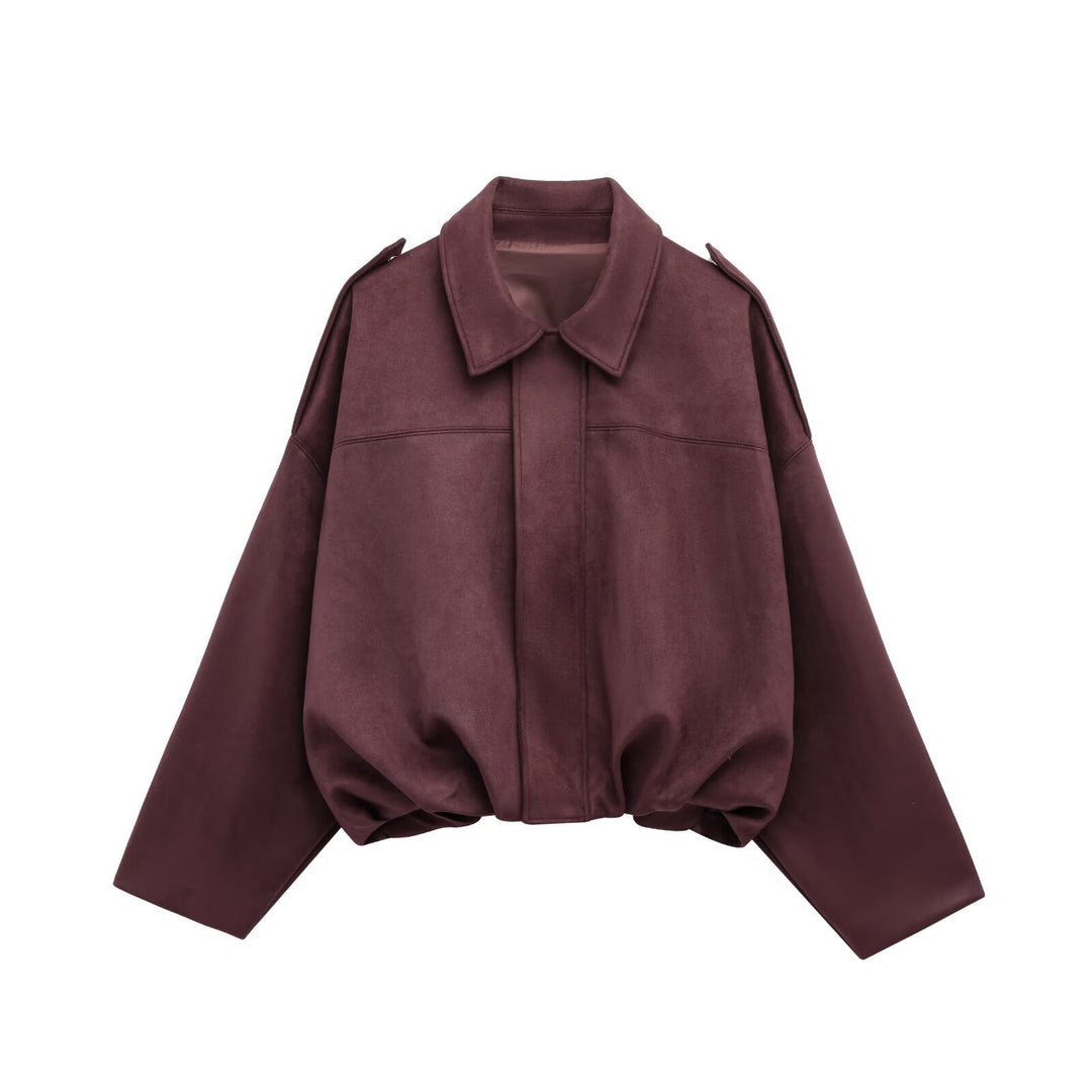 Women slightly oversized short jacket in suede look with lapel collar, shoulder flaps and elastic hem Mune Fashion