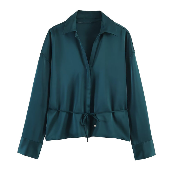 Women's satin blouse with drawstring waist, wide shirt collar, and wide cuffs Mune Fashion