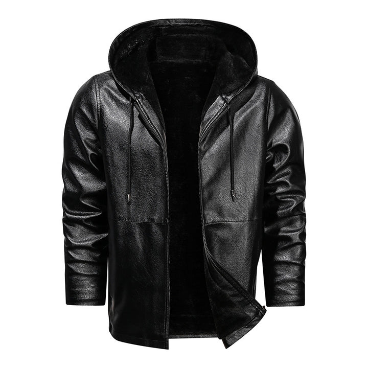 Men's faux leather hoodie jacket with teddy fleece lining and slim silhouette Mune Fashion