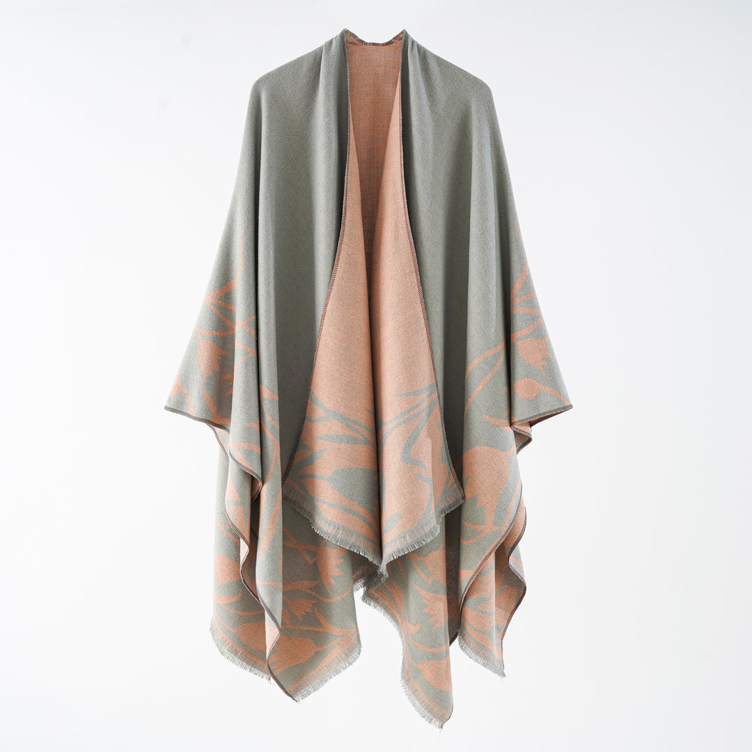 Ladies Elegant Reversible Ruana Wrap in Double-Faced Wool Blend with Floral Jacquard Design