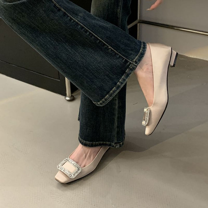 Ladies satin ballerinas with square toe and rhinestone-decorated decorative buckle Mune Fashion