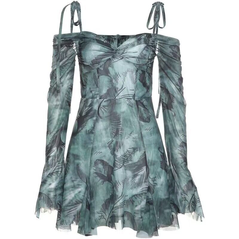 Women Tailored Mini Dress with Off-the-Shoulder Neckline, Adjustable Shoulder Straps, and Flared Sleeves Mune Fashion