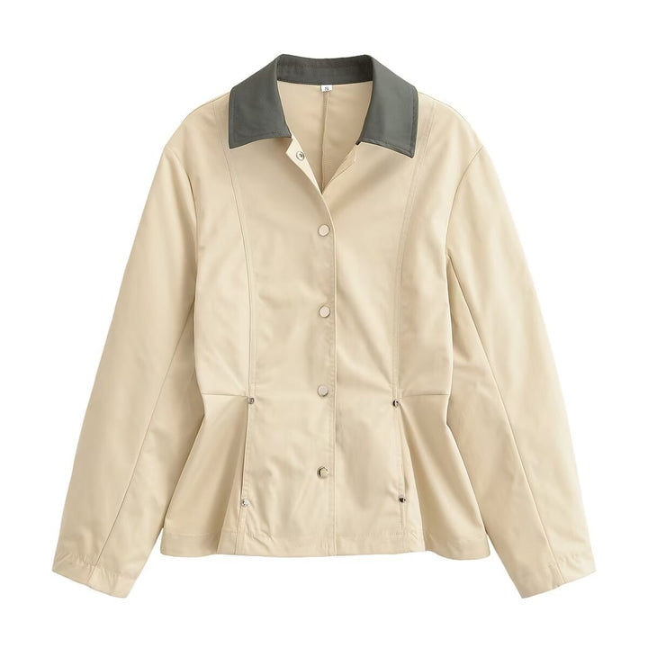 Women's Tailored Light Transitional Jacket with Contrast Collar and Snap Button Placket Mune Fashion