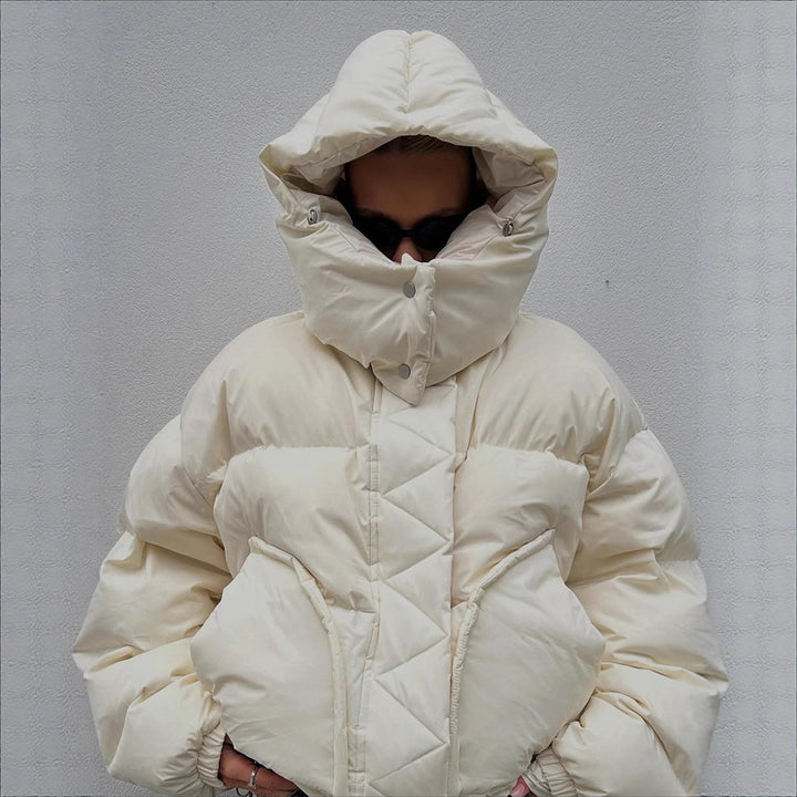 Women Oversize Quilted Puffer Jacket with extra high Stand-up Collar, double Front Zipper and boxy Silhouette Mune Fashion