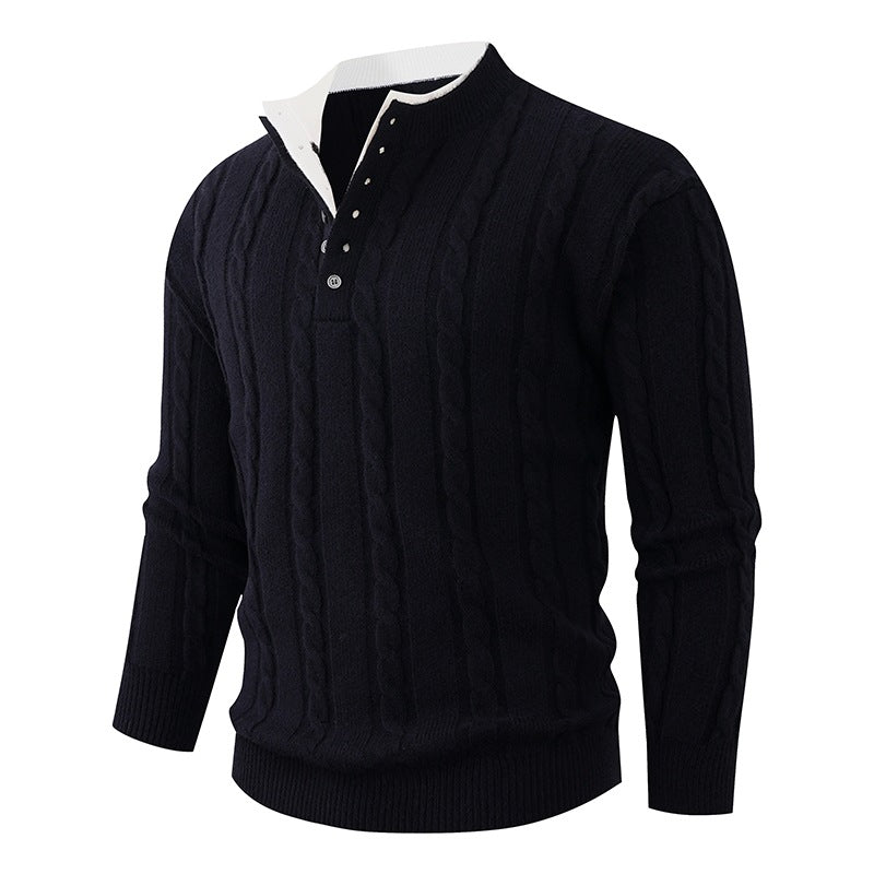 Men's Structured Cable Knit Sweater with Button Placket and Stand Collar Mune Fashion