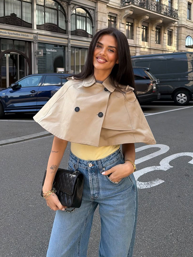 Women's Short Cape Trench with Lapel Collar, Double Button Placket and Boxy Cropped Cut Mune Fashion