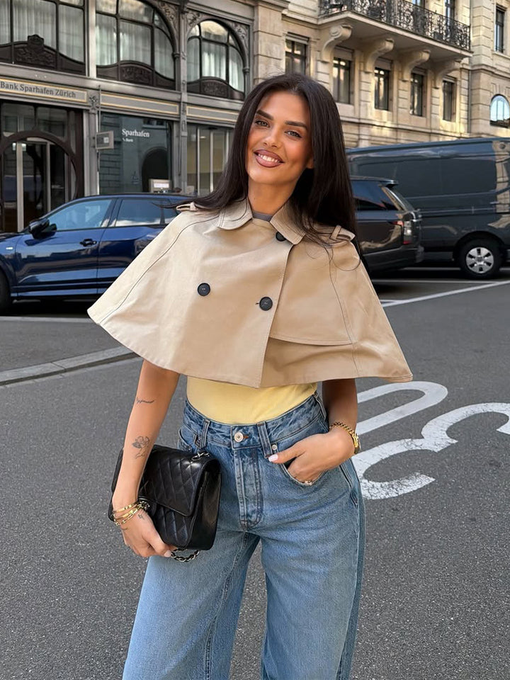 Women's Short Cape Trench with Lapel Collar, Double Button Placket and Boxy Cropped Cut Mune Fashion