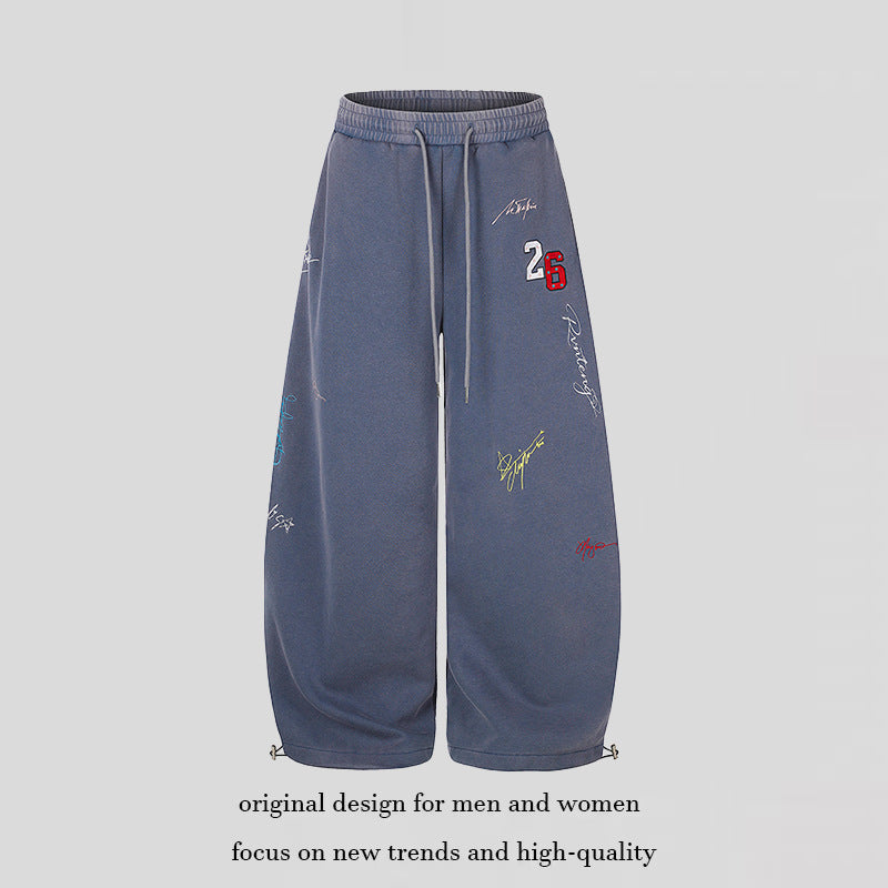 Women's Extra Wide Palazzo Sweatpants with Drawstring Waist, Embroidery Details, and Adjustable Hem